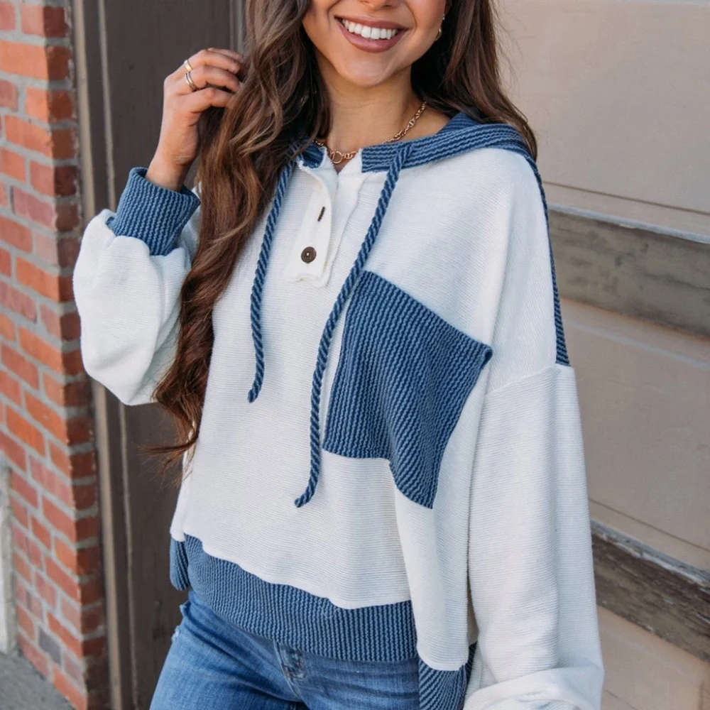 B136 White Corded Color block Patch Pocket Drawstring Hooded Top - Picture 3 of 3